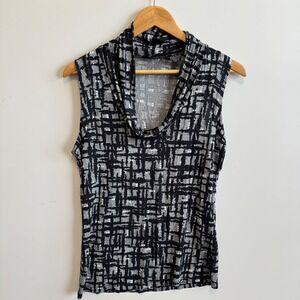 New York & Company Y2K Stretch Top Sleeveless Cowl Neck Abstract Black‎ Gray